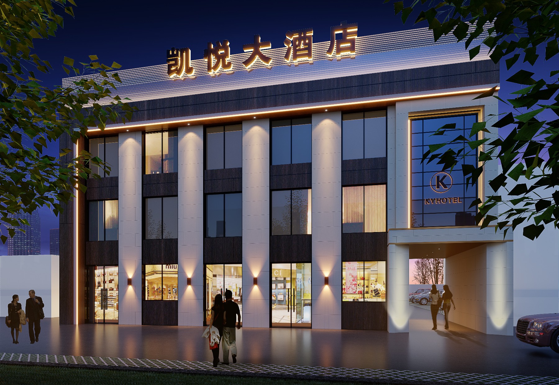 民宿式大酒店外立面 3D 效果图,打造辨识度拉满的酒店门面